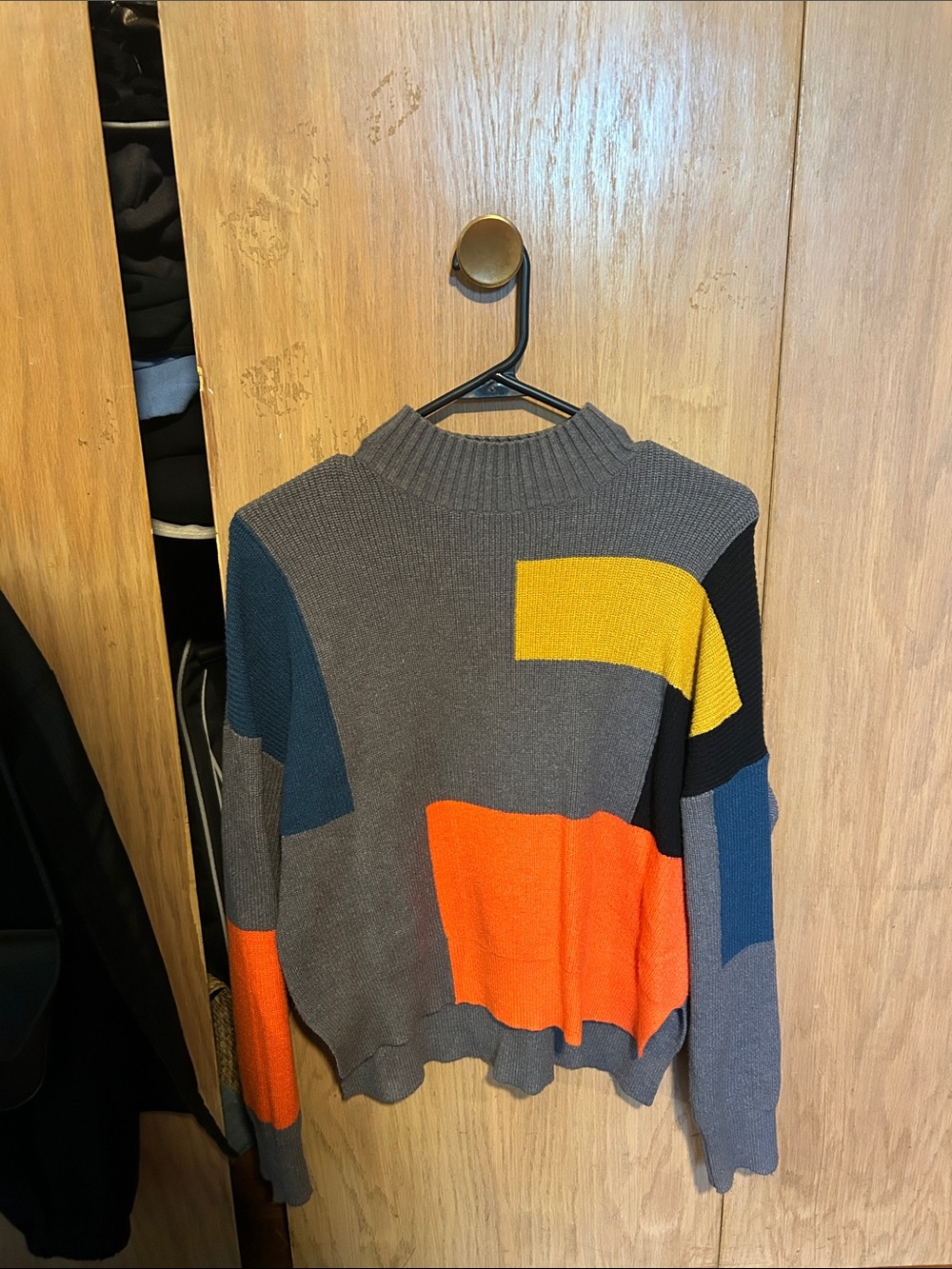 Roolee Gray Colorblock Cowl Sweater with Orange, Yellow and Blue Blocks